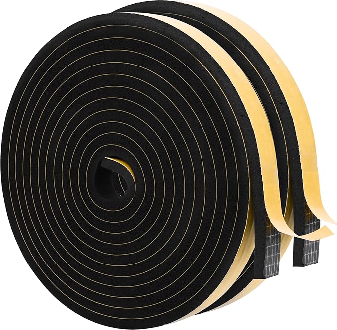 ToLanbbt Black Door Window Weather Stripping Self Adhesive Foam Tape High Density Foam Sealing Strip Window Insulation Weatherproof Gasket Tape 1/2" Wide X 1/4" Thick, 13 Ft X 2 Rolls, Total 26 Feet
