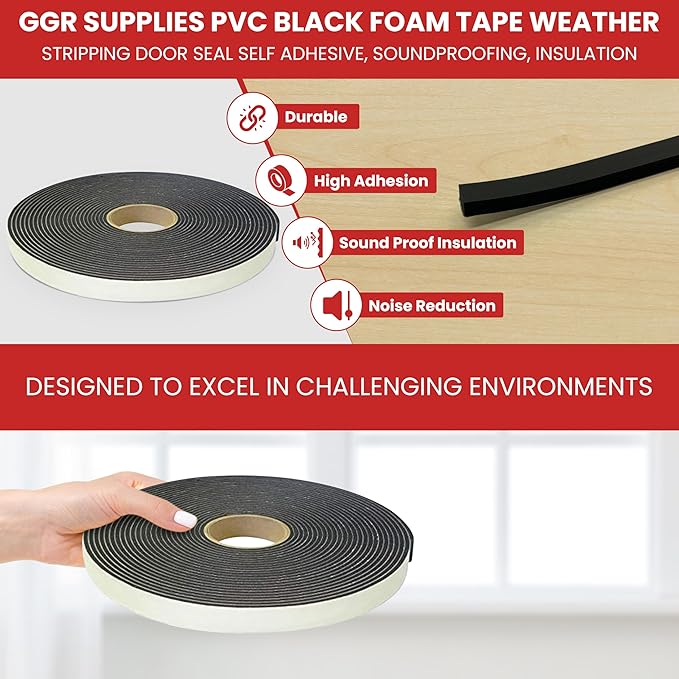 GGR Supplies PVC Black Foam Tape Weather Stripping Door Seal Self Adhesive, Soundproofing, Insulation, Weatherstrip, Pipe Cooling - Ideal for Doors, Windows, and AC Seal. (W:3/8In xT: 1/4In: 35ft.)
