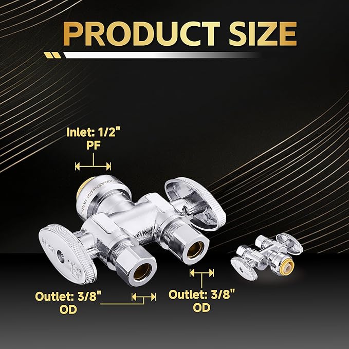 5-Pack Foskan Dual Outlet Push Fit Straight Stop Valve,1/4 Turn Straight Shut off Valve,1/2" Push Fit x 3/8" OD x 3/8" OD,Chrome Plated Brass