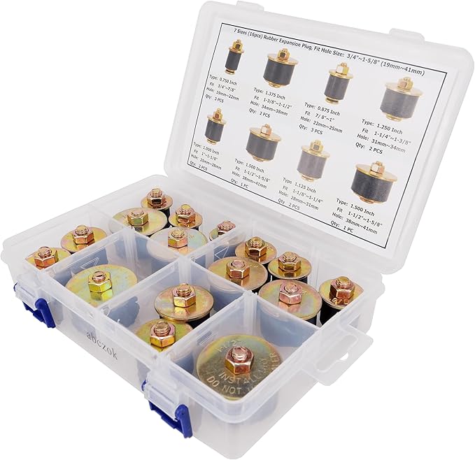 7 Sizes 16pcs Rubber Expansion Plug, Automotive Rubber Expandable Freeze Plugs Kit Fit Hole Size:3/4" 7/8" 1" 1-1/8" 1-1/4" 1-3/8" 1-1/2" (19mm~41mm)