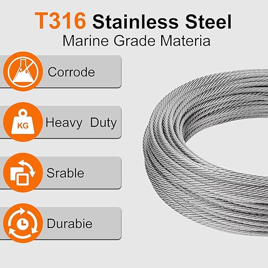 1/8" Wire Cable, 200ft Wire Rope Metal Cable with Loop Sleeve, Steel Thimble Cutter, 7x7 Marine Stainless Steel Strand Core Perfect for Deck Railing System, Outdoor Hanging kit, Garden Fence