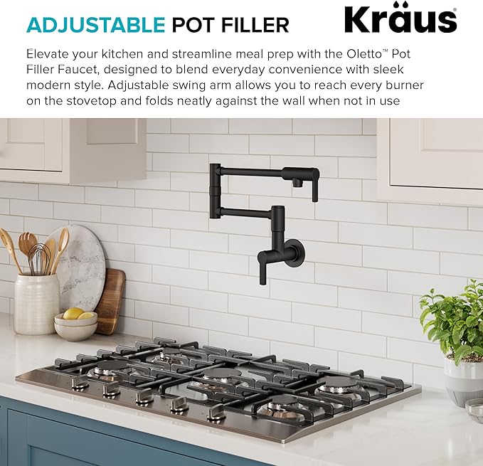 KRAUS Oletto Pot Filler Faucet with Retractable Arm, Wall Mount Kitchen Faucet, Pot Filler for Stove in Matte Black, KPF-5001MB