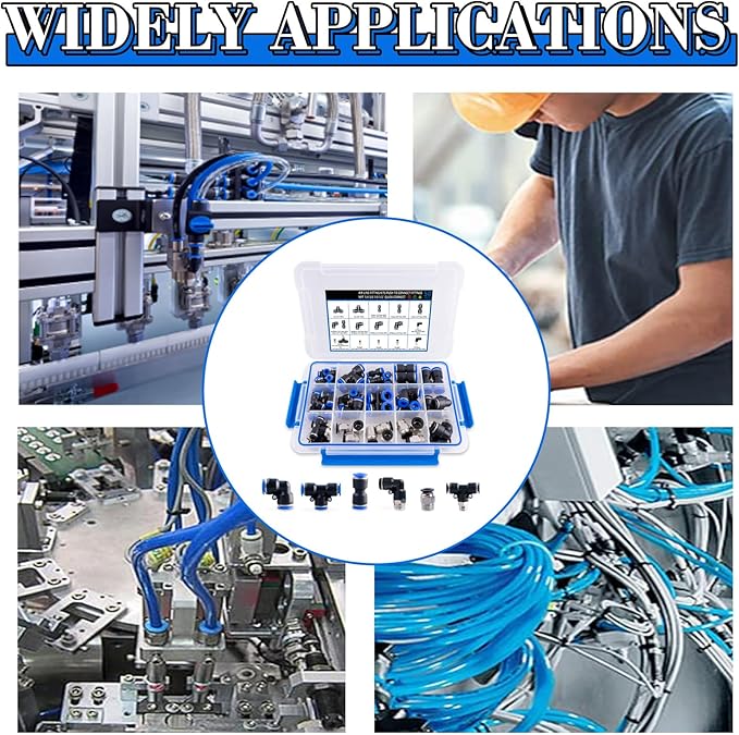 50PCS Air Line Fitting Kits, NPT Thread Push To Connect Fittings, Nylon Tubing 1/4, 3/8, 1/8, 1/2" Quick Connect, Air Line Fittings assortment kit for Automotive Car or Industry Air System