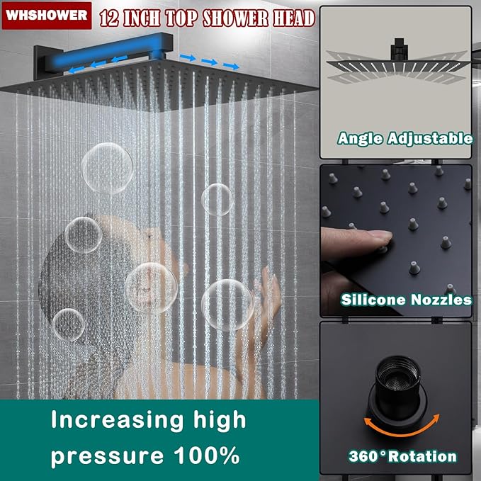 Temperature Display Full Body Shower Faucet Set with 6 pcs Body Jets 12 inch Square Rainfall Shower Head with Handheld Spray Wall Mounted Rough-in Valve and Trim Included,Matte Black