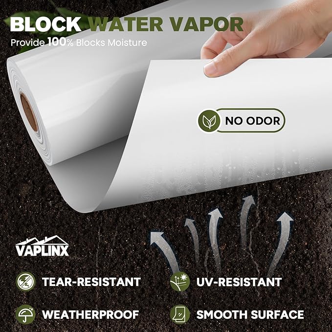 White Crawl Space Vapor Barrier, 10 Mil Vapor Barrier, 12' x 100', Heavy Duty Polyethylene Film, Thick Plastic Sheeting, Plastic Drop Cloth Covering for Crawlspace, Basement, White
