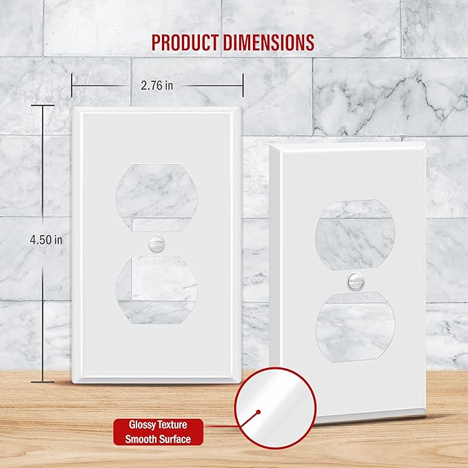 ENERLITES Duplex Receptacle Metal Wall Plate, Outlet Cover, Corrosion Resistant, Standard Size 1-Gang 4.50" x 2.76", Powder Coated Stamped Steel, 7721-WG, White Gloss