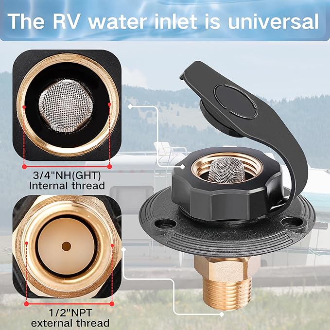 RV City Water Inlet with Check Valve – 3/4″ NH to 1/2″ NPT Brass, Matte Black Dust Cap