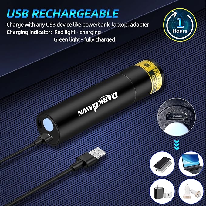 DARKDAWN UV 365nm Black Lights Mini Flashlight USB Rechargeable, Woods Lamp Portable LED Ultraviolet Pocket 370nm - Blacklight for Cat Urine Detection, Stains, Uranium Glass, Leak Detection, V4 365 nm
