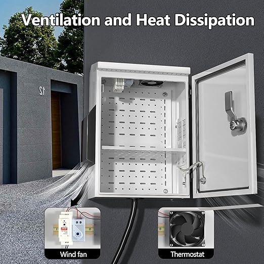Outdoor Electrical Box with Thermostat and Fan, Cold-Rolled Steel Plate, Aluminum Alloy Back Beam, One-Piece Ventilation Design, IP65 Waterproof, Wall/Pole Mounted. (17.7" x 13.8" x 8")