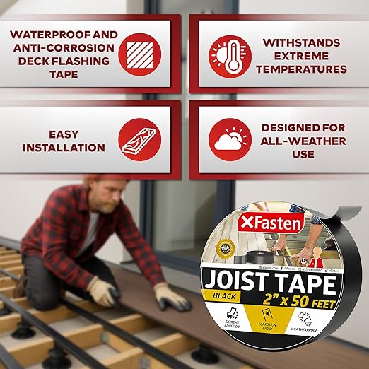 XFasten Butyl Joist Tape for Decking, 2 Inch x 50 Feet (24-Pack), Professional Butyl Deck Joist Tape 2 Inch Waterproof Roof Sealant Flashing Tape, Black