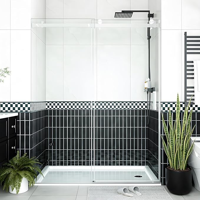 Frameless Sliding Shower Door Enclosure - 56 to 60 Inch Adjustable Width x 76 Inch Height, 6mm Coated Tempered Safety Glass with Easy Clean, Square Stainless Steel Rail, Brushed Finish