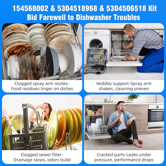 154568002 Dishwasher Lower Wash Arm and 5304518968 Dishwasher Lower Spray Arm and 5304506518 Trap Drain Filter Support for Frigidaire Electrolux 1545680 5304517203 154568001 154414101 154568002 (Grey)