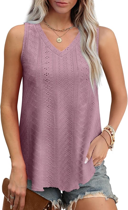 OFEEFAN Womens Tank Tops V Neck Sleeveless Flowy Loose Fit Basic Casual Summer Tops