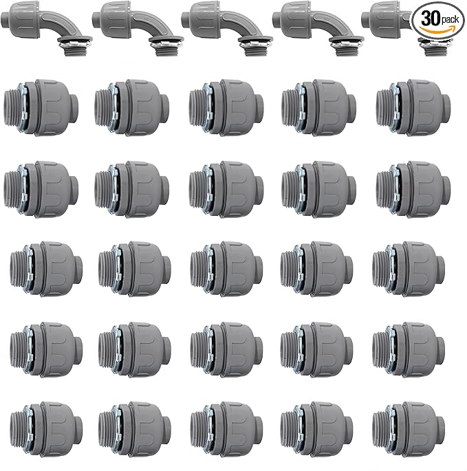 1/2" Liquid Tight Connector PVC Electrical Conduit Fittings Flexible Conduit Connector for Home Kitchen Bathroom Tube Tool Supplies,Meet UL Listed(180 Straight/90Degree,30 Pack)