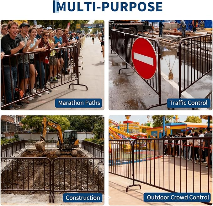 Interlocking Steel Barricade, 6 Ft. Heavy Duty Galvanized Metal Barricade, Interlocking Steel Road Barriers with with Bridge Feet Base, for Crowd Control Event Fencing Indoor/Outdoor, Brown