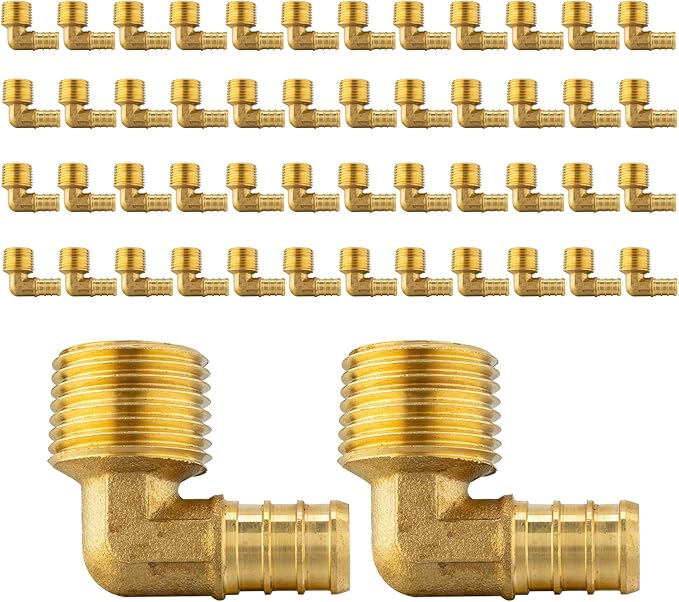 (Pack of 50) EFIELD Pex 1/2"x1/2" Male Threaded NPT Elbow Brass Crimp Fittings, ASTM F1807,(PEX1807096-50PCS)