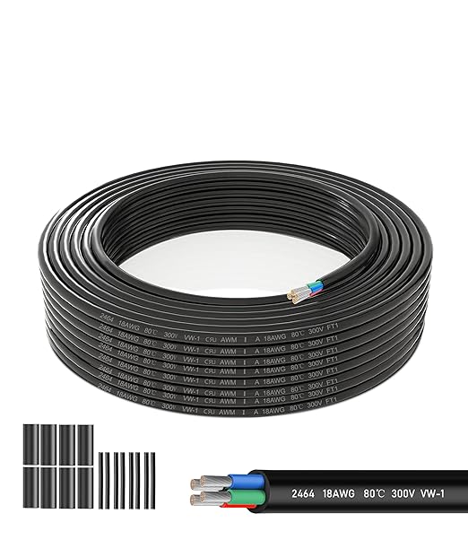 18 AWG 4 Conductor Stranded PVC Electrical Wire - 82.02FT, Oxygen-Free Tinned Copper Core, 12V/24V Low Voltage Flexible Cable for Automotive/Marine LED Strips, Solar Lighting, RV Wiring