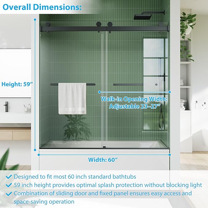 Frameless Double Sliding Shower Door - 56 to 60 Inch Adjustable Width x 59 Inch Height, 1/4" (6mm) Clear Tempered Glass with Easy-Clean, Space-Saving Bypass Design, Matte Black Finish for Bathroom