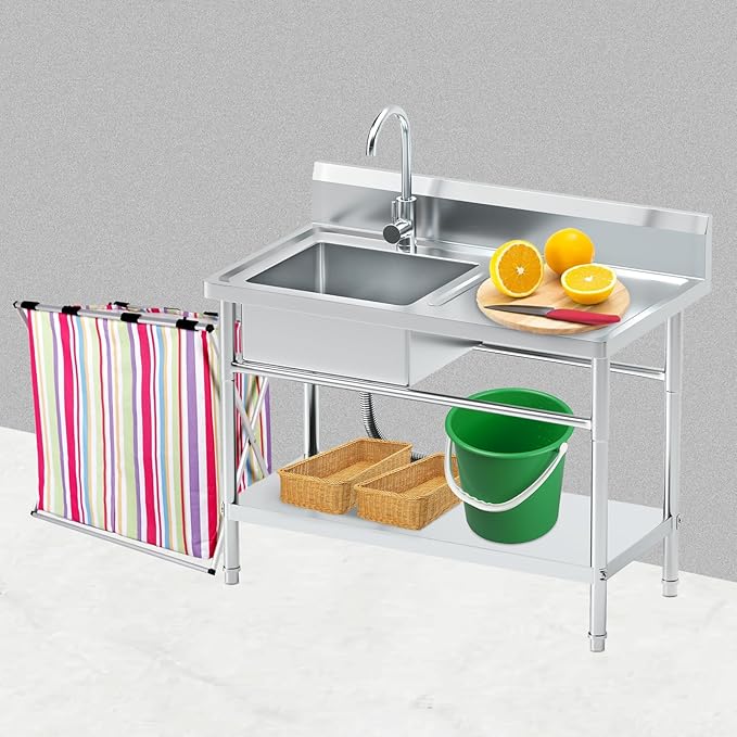 Free Standing Stainless-Steel Single Bowl, Commercial Restaurant Kitchen Sink with Set w/Faucet & Drainboard Hot and Cold Water Plumbing Workbench & Storage for Garage, Restaurant, Laundry