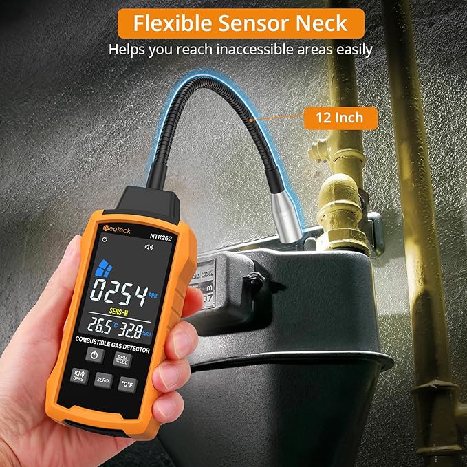 Neoteck Natural Gas Detector 0-9999PPM/0%-20% LEL Gas Leak Detector with 12” Gooseneck Combustible Gas Detector with 3 Sensitive Modes Test Methane Propane Gasoline for Gas Pipeline Gas Stove and RV