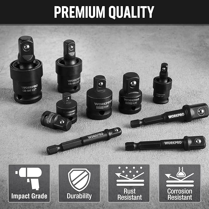 WORKPRO 10 Pieces Impact Socket Adapter Set with Case, Includes 4pc Adapter and Reducer Set, 3pc Universal Joint Socket Set and 3pc Drill Adapter, 1/4" 3/8" 1/2"