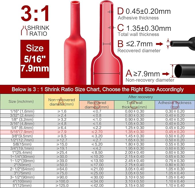 Chanzon 3:1 Ratio 5/16" (7.9mm) Heat Shrink Tubing - Marine Grade Waterproof Adhesive Lined - 8Ft Roll (2.5M Total Length) Red Polyolefin Sleeving Wrap Shrinking 3 to 1 Ratio 1pcs