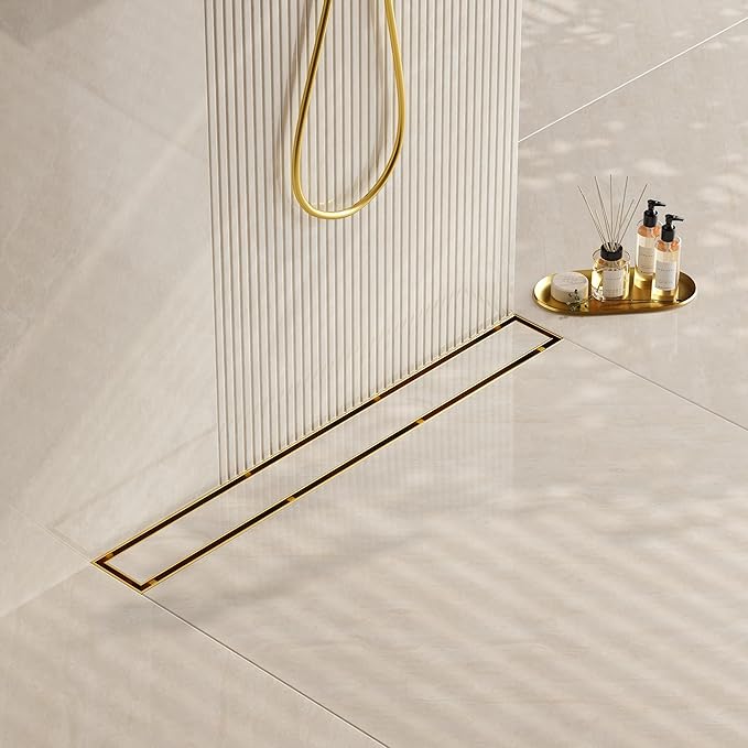 Neodrain 32-Inch Gold Linear Shower Drain, 2-in-1 Flat & Tile Insert Cover, Stainless Steel Linear Drain, Brushed Brass Rectangle Shower Floor Drain with Hair Strainer, CUPC Certified