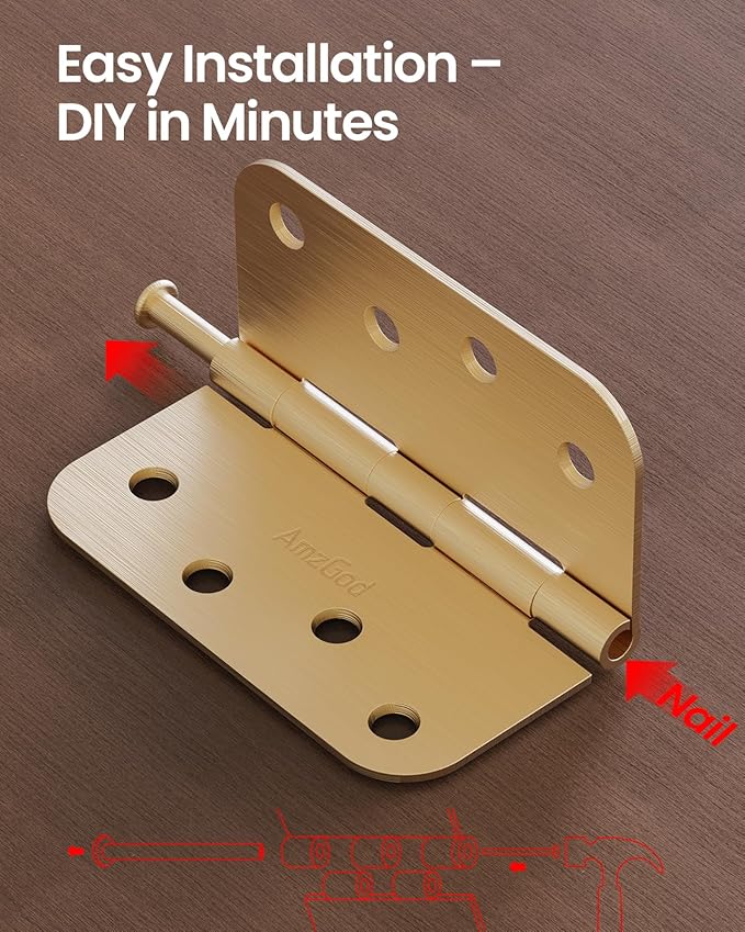 4" X 4" Satin Brass Door Hinges – 36 Pack Gold Door Hinges with 5/8" Radius, Rounded Interior Heavy Duty 4 Inch Exterior & Front Door Hinge for Residential Use