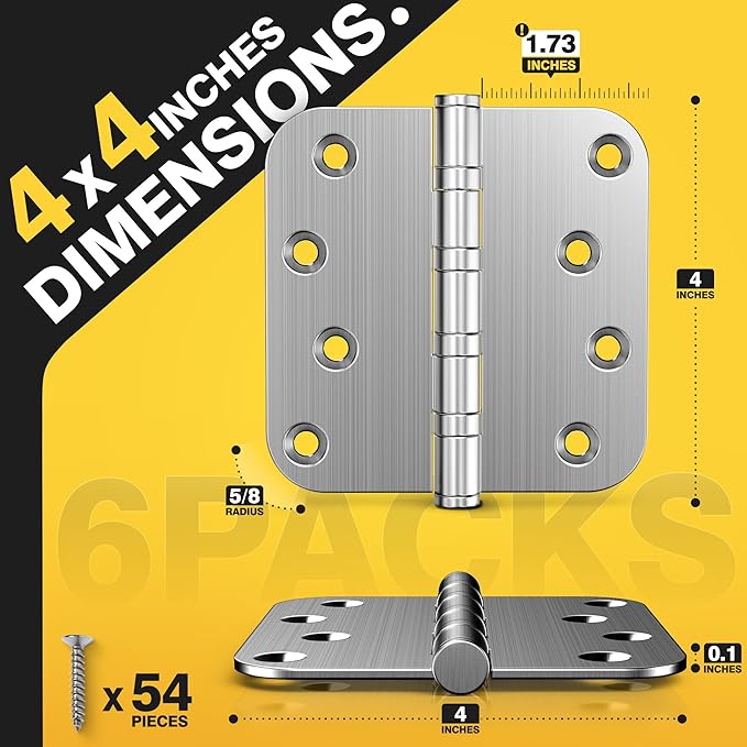 KOLET Ball Bearing Door Hinges, 4 x 4 Inches Door Hinges, 5/8'' Radius Corner Hinges, Heavy Duty Stainless Steel, Smooth and Quiet, Non Removable Pin, Brushed Nickel, 6 Pack