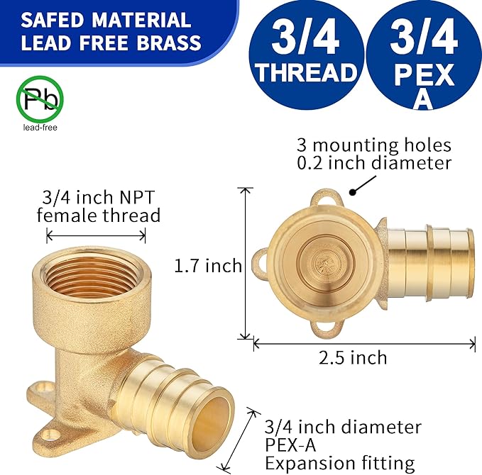 (5 Pack) Lidertik PEX-A Expansion Drop Eear Elbow to 3/4" NPT Female Threaded Adapter Brass plumbing connection, Only for PEX-A Tube Expansion Install LI-EPXDEE3434(5 Pieces)