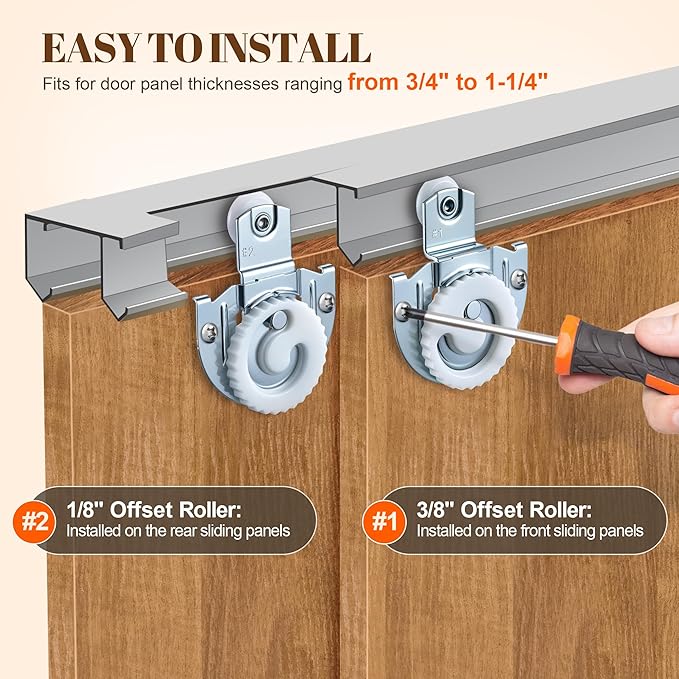 Feekoon 6 Pcs Sliding Closet Door Hardware Kit, Closet Door Rollers with Adjustable Floor Guide & Heightening Pads, Wardrobe Rollers Replacement for 3/4" to 1-3/8" Thick Top Hung(Semicircle)