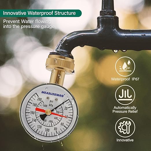 MEASUREMAN 2-1/2" Water Pressure Test Gauge - 0-200psi/kpa, 3/4" Female Garden Hose Thread, Memory Red Pointer, Garden Hose Pressure Tester