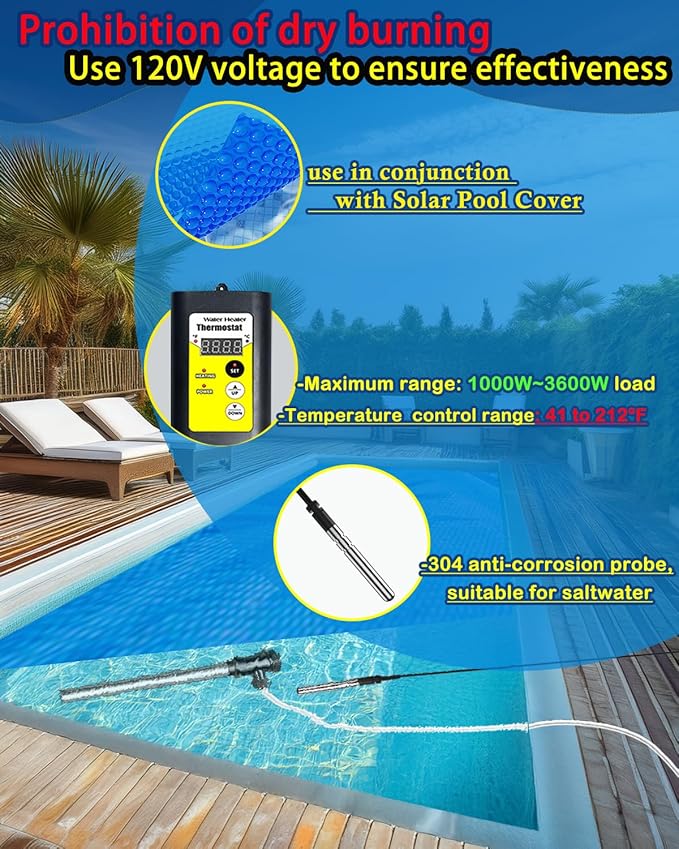 1300W Submersible Water Heater - Hot Tub Heater with Gfci for Bathtub, Immersion Water Heaters with Thermostat for Bucket, Submersible Pool Heater for Small Inflatable Pool Warmer