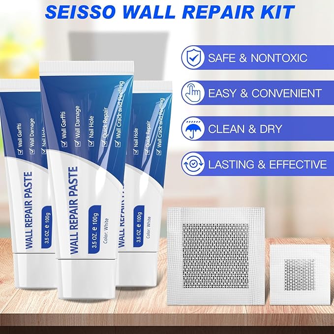 SEISSO Drywall Repair Kit, Wall Mending Agent*3(100g), Wall Patch*4, Scraper and Sandpaper*2, Wall Repair Paste Kit for Wall Cracks, Graffiti, Whitewall Hole Filler and Plaster Dent Repair
