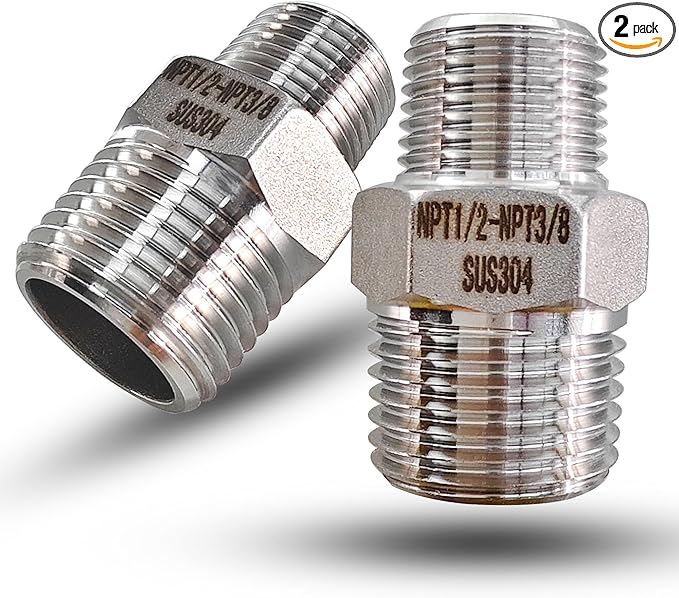 1/2" to 3/8" Male NPT Hex Reducing Nipple Fitting Adapter, 304 Stainless Steel 1/2 Inch to 3/8 Inch MNPT Threaded Pipe Adapter Fittings Reducing Nipples Connector (1/2" x 3/8" Male)