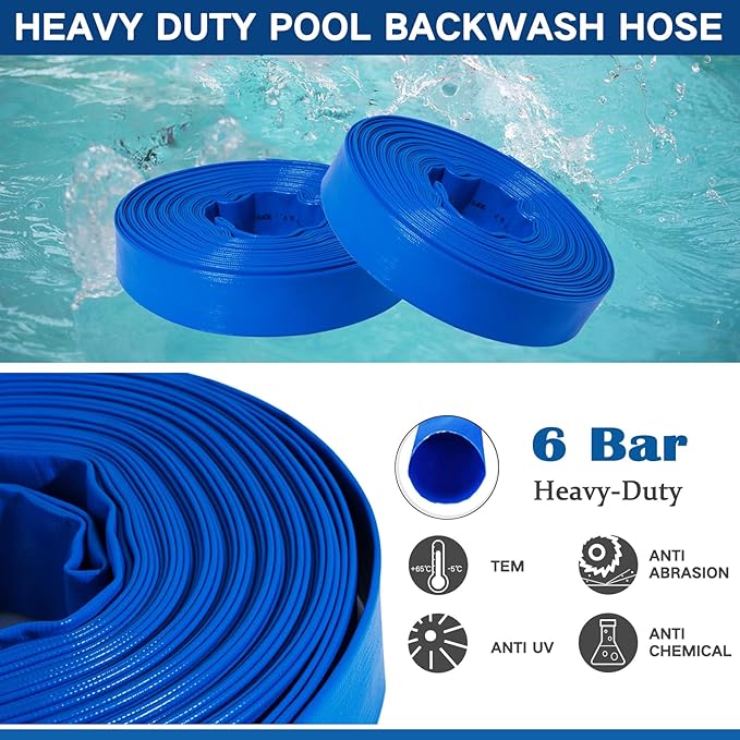 Eastrans 2 in x 50 ft Pool Backwash Hose Kit with Male NPT Adapter,Heavy Duty Discharge Pump Hose for Swimming Pool,Reinforced Pool Drain Hose with 2 Clamps and Thread Seal Tape,6 Bar