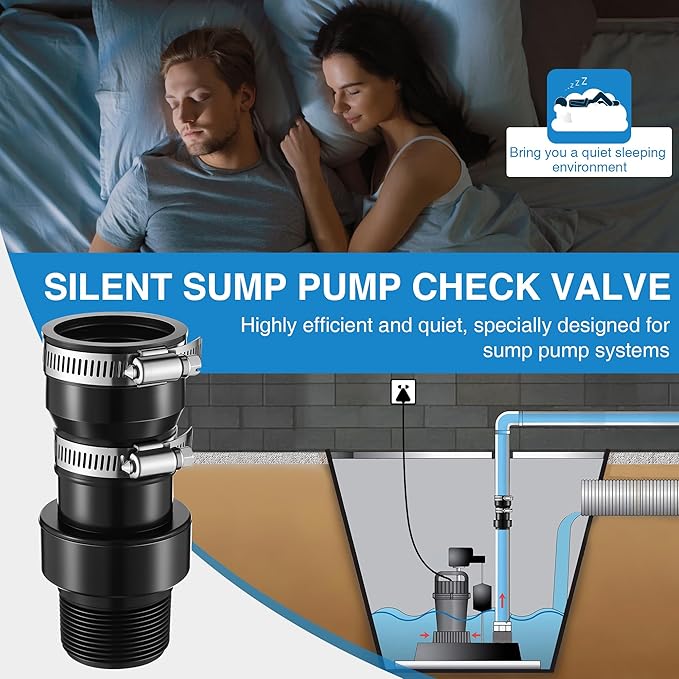 Tellingyou Sump Pump Check Valve Fits 1-1/2" or 1-1/4" Pipe, Check Valves with 2PCS Stainless Steel Hose Clamps, Spring Loaded Flapper for Sump Pump Life Expectancy Increase, Backflow Prevention