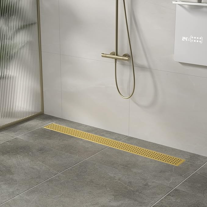 Linear Shower Drain 42", 304 Stainless Steel Floor Drain with Grid Drain Cover & Hair Strainer, Rectangular Shower Drain w/CUPC Certified, Brushed Gold