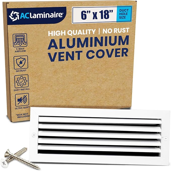 6x18 Inch (Duct Opening) Aluminum 1-Way Air Flow Vent – HVAC Vent Cover for Wall or Ceiling – Quiet HVAC Wall Register with Multi-Shutter Damper – Adjustable Curved Blade - Plastic Seal for Tight Fit