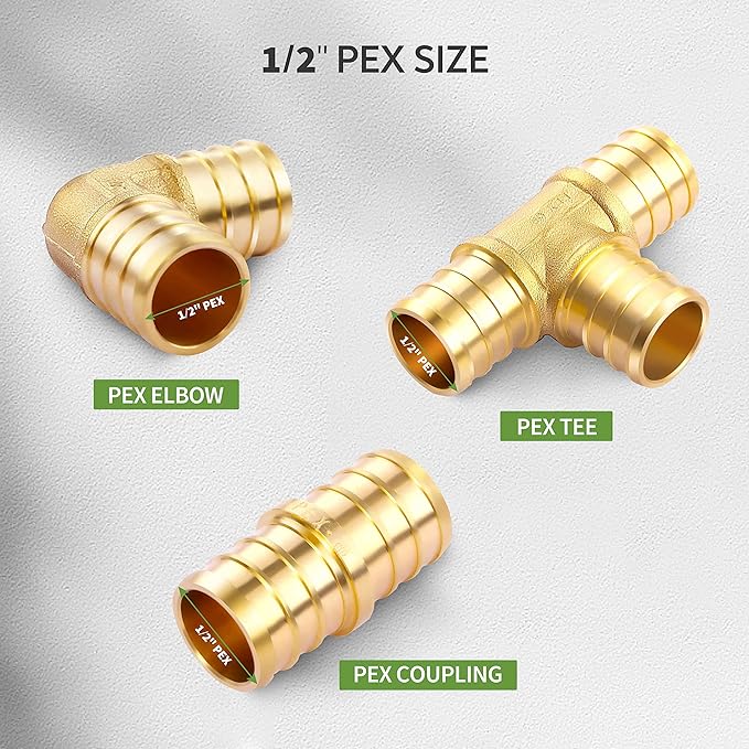 1/2 inch T PEX Tee & 90 Degree Elbow & Straight Coupling 1/2" (pack of 12) Lead-Free Brass Barb Crimp Pipe Fitting/Fittings