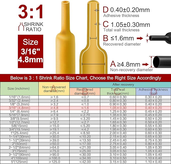 Chanzon 3:1 Ratio 3/16" (4.8mm) Heat Shrink Tubing - Marine Grade Waterproof Adhesive Lined - 8Ft Roll (2.5M Total Length) Yellow Polyolefin Sleeving Wrap Shrinking 3 to 1 Ratio 1pcs