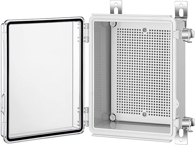 Junction Box, IP67 Waterproof Plastic Enclosure for Electrical Project, Hinged Transparent Cover, Includes Mounting Plate and Wall Bracket 220×170×110mm (8.6"×6.7"×4.3" TC)