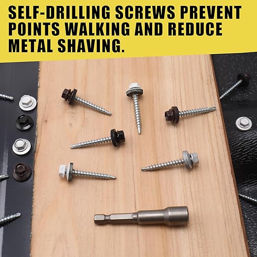 250pcs #10 x 1-1/2" Black Hex Head Self-Drilling Metal Roofing Screws, EPDM Washer, Colored Head, Sheet Metal Roof Screw with Hex Driver Bit