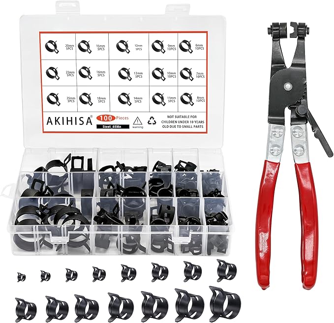 AKIHISA 100Pcs 6-25mm Spring Band Hose Clamp Assortment Kit with Hose Clamp Pliers, 15 Sizes Spring Hose Clip Fuel Line Silicone Vacuum Hose Pipe Clamp, Air Hose Tube Water Pipe Fasteners