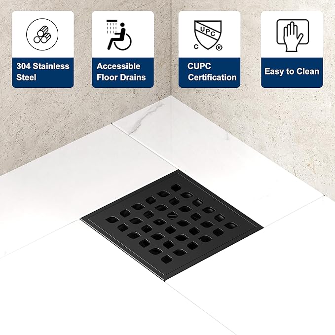 Neodrain Square Shower Drain,4 inch Black Stainless Steel 304 Grate and PVC Drain Body, Grate with Kit Includes Hair Trap/Strainer,Lifting Hook and PVC Drain Base