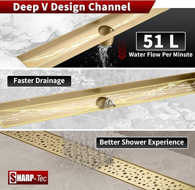 Sharp-tec 48 inch Linear Shower Drain, Golden Linear Drain with cUPC Certification, 304 Stainless Steel Shower Drain Easy to Install and Clean for Bathroom Shower Room, ST-099-48G