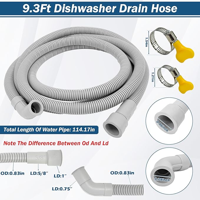 BigHead DD67-00059A DD81-02331A Dishwasher Drain Hose with 2 Hose Clamp (9.3FT) Compatible with Samsung Dishwashers Replaces DD81-02636A AP4981889 PS4222564