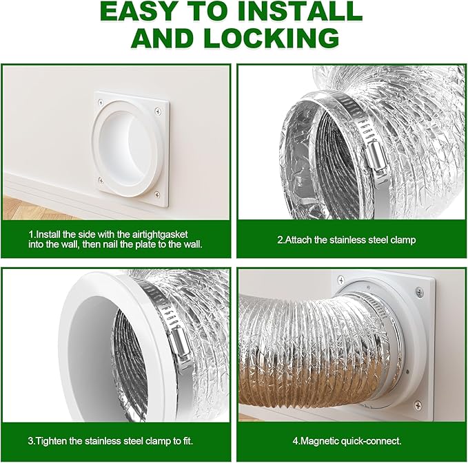 Magnetic Dryer Vent Coupling - Airtight Seal, Quick Connect Strong Magnet Dryer Vent Connector Kit with 4 inch 2.6ft Dryer Vent Hose & Clamps Screws Ideal for Small Bathrooms and Irregular Layouts