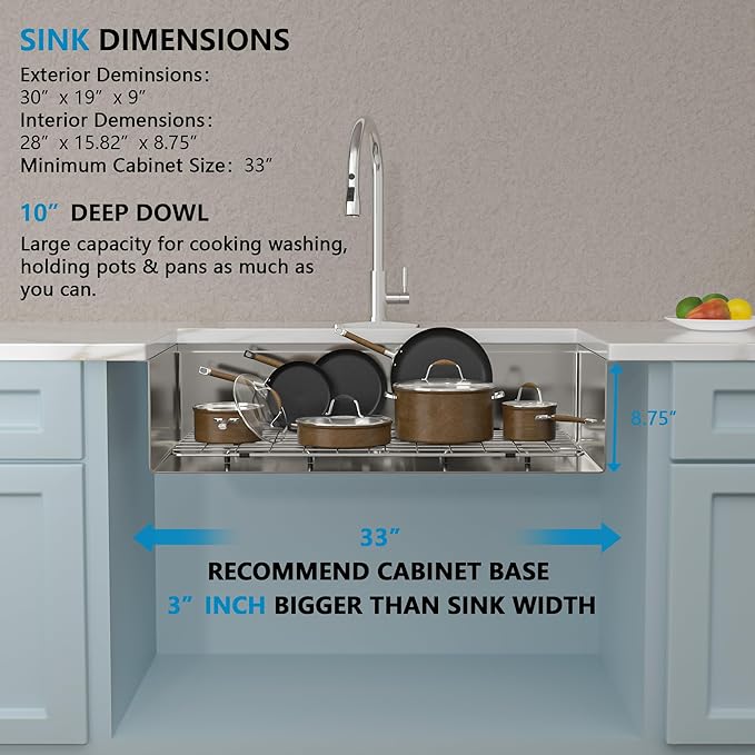 30"x19" Undermount Kitchen Sink – 16 Gauge 304 Stainless Steel Ledge Workstation Under Counter Round Corners Single Bowl Sink Basin