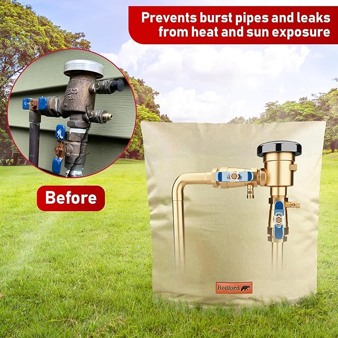 Redford Supply Co. Cold Snap (5°F) Backflow Preventer Insulation Cover, 24"W x 24"H, Pipe Insulation, Water Sprinkler Covers for Outside, Sprinkler Backflow Cover for Winter, Well Pump Bag (Beige)